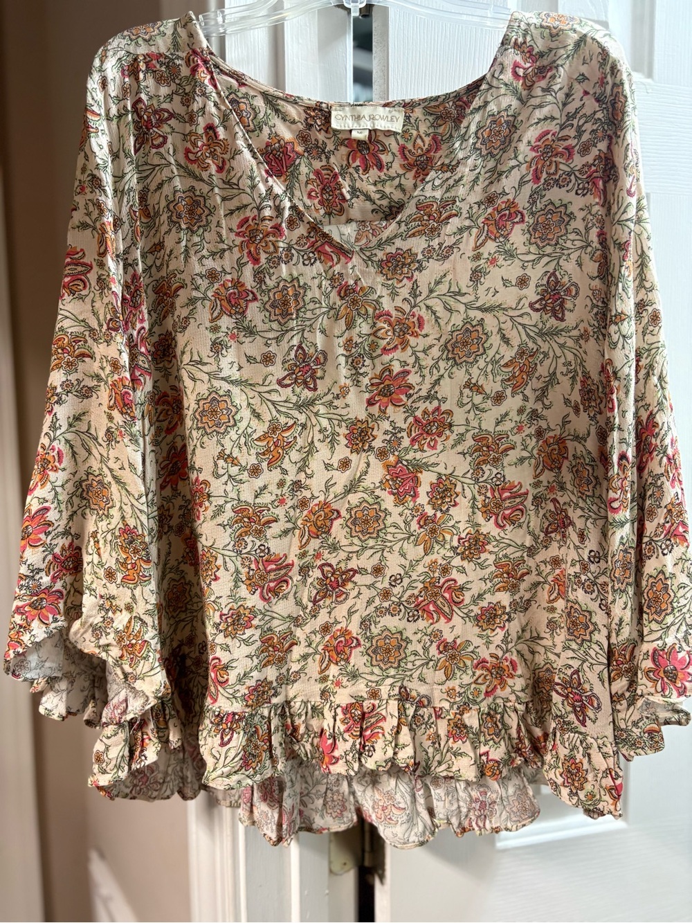 Cynthia Rowley Cream Floral Ruffle Hem Blouse